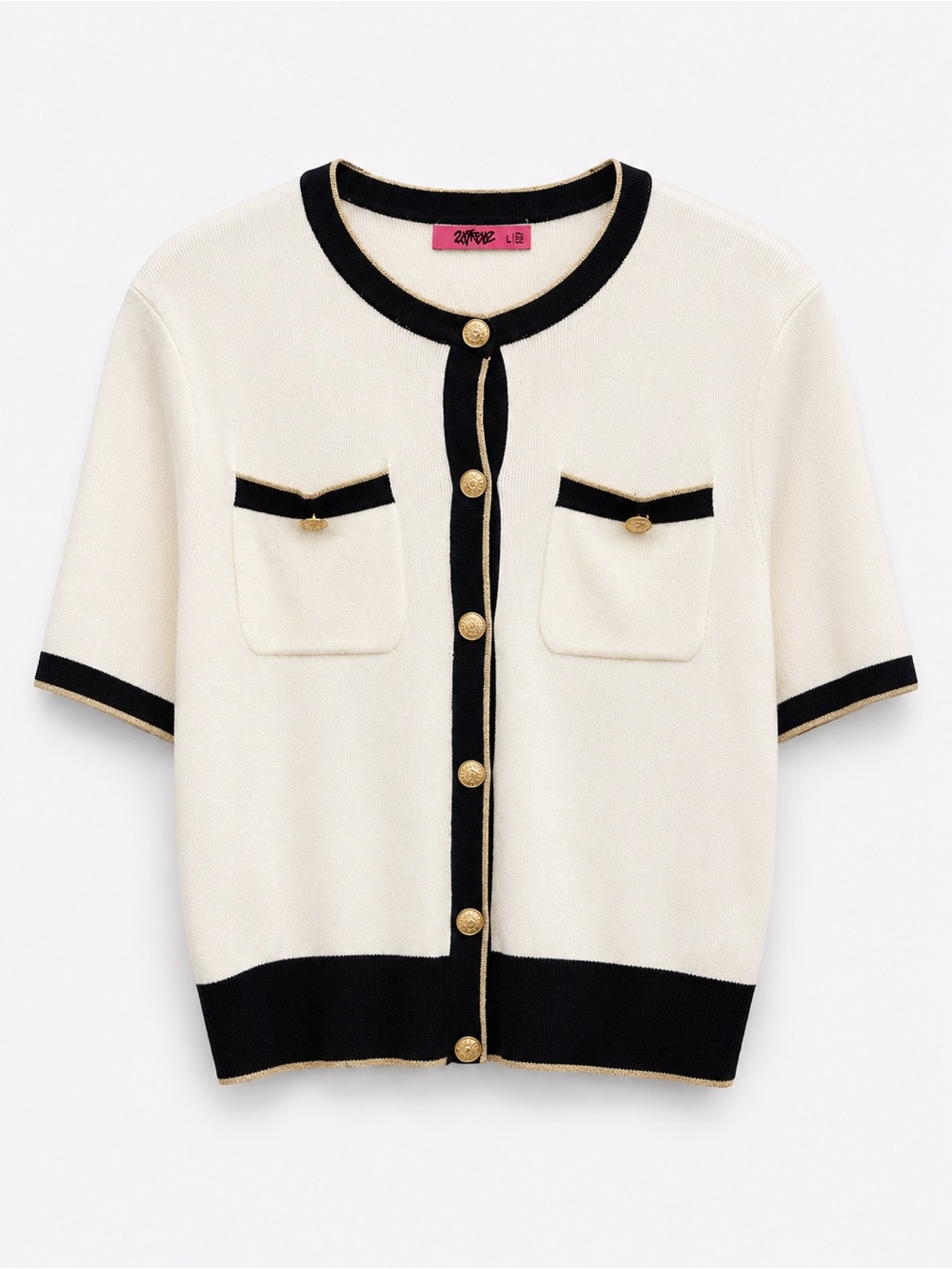 Cream Short-Sleeve Cardigan with Black Trim and Gold Buttons